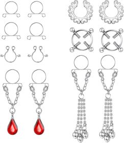5Pairs Fake Nipple Rings for Women Men Adjustable Shield Rings with Bell Surgical Steel Nipple Clamp Rings Non Piercing Nipple Rings Dangles Clip On F