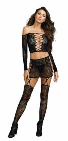 Lace Patterned Knit 2 Piece Garter Set O/S Black