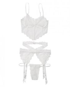 Lace Long Line Bra, Garter Belt &amp; G-String White O/S